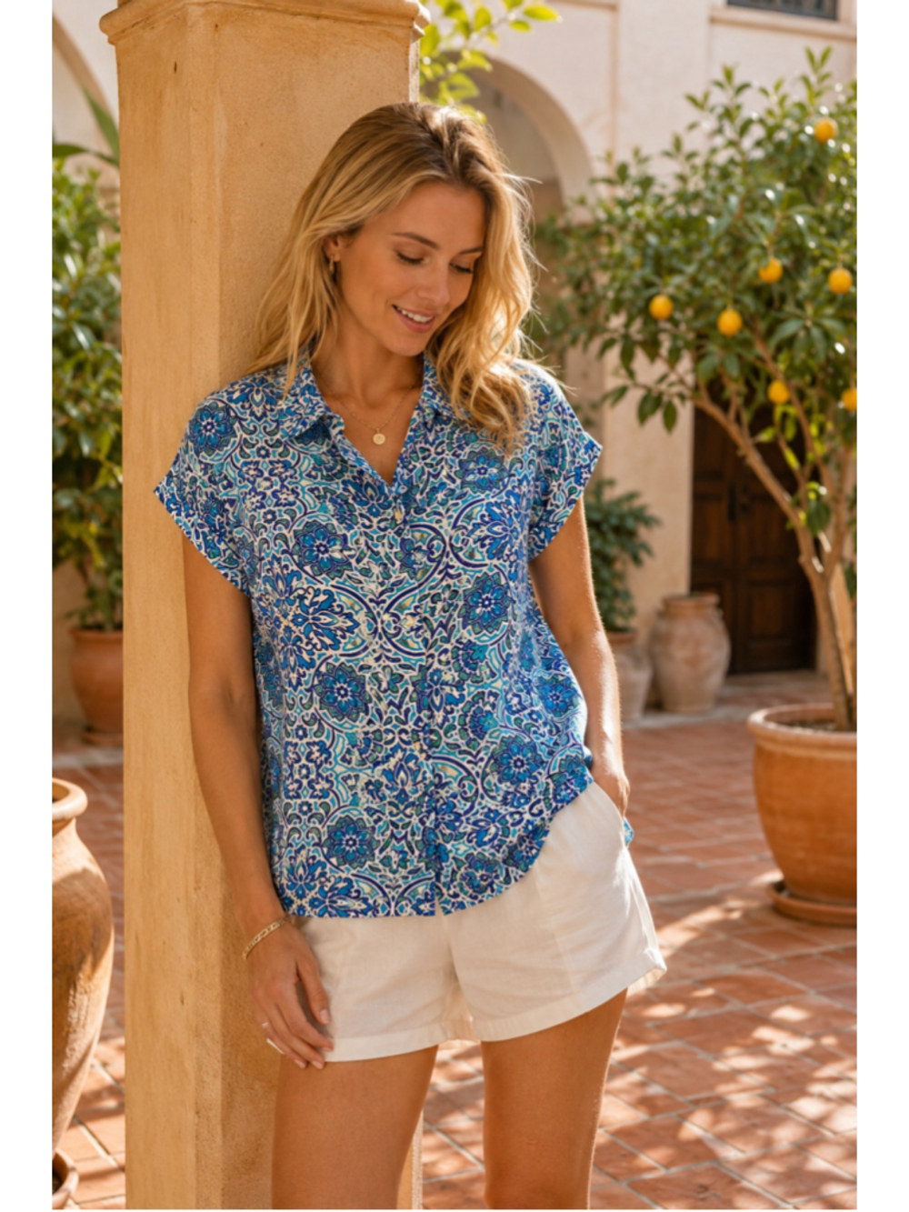 Molly Bracken Blue Medallion Print Collared Blouse Gold Button M NWT Boho Resort